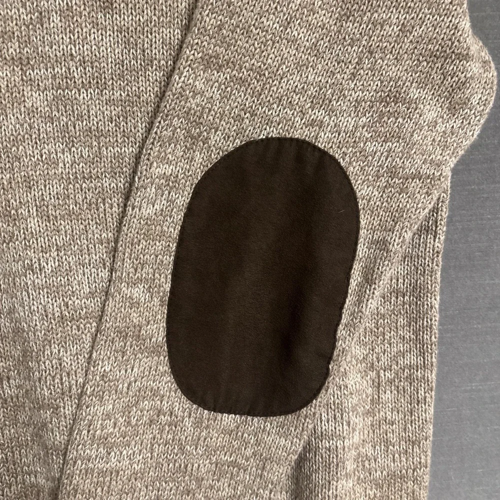 Chaps Sweater Mens XL Beige Solid Cotton Knit Henley Elbow Patches Pullover Prep